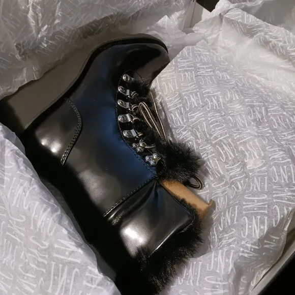 INC Hannia Padded Insole Lace Up Booties in Patent‎ Black, Size 6.5
