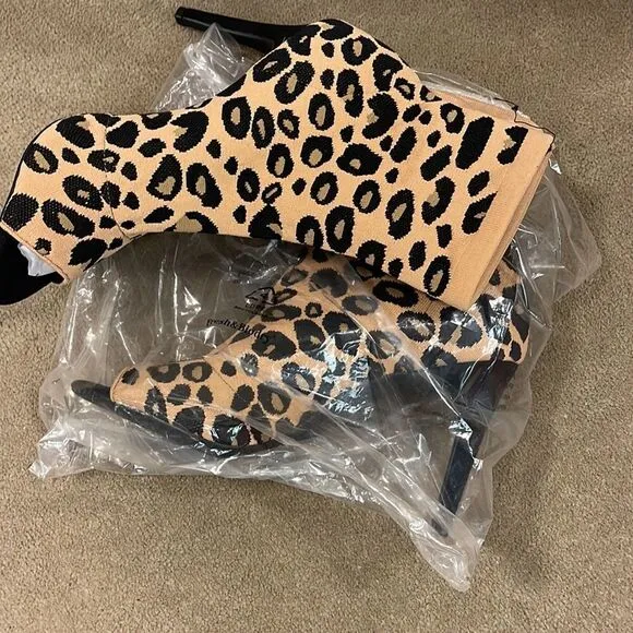 Inc open toe Leopard Heeled Sock Boot Mocha Mousse  size 8 M retail$119