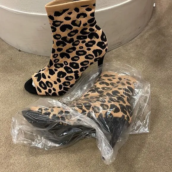 Inc open toe Leopard Heeled Sock Boot Mocha Mousse  size 8 M retail$119