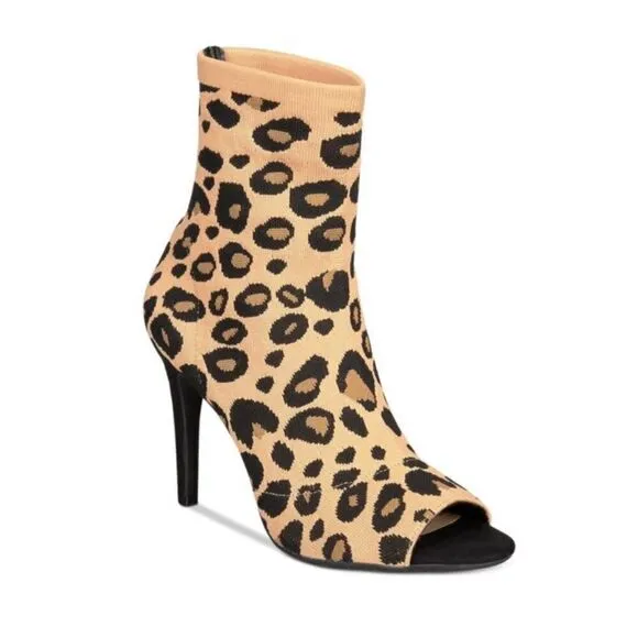Inc open toe Leopard Heeled Sock Boot Mocha Mousse  size 8 M retail$119