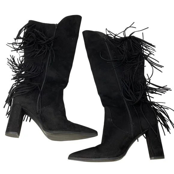 INC Yomesa Fringe Heeled Boots Womens Sz 10 Black Faux Suede Pointed Toe
