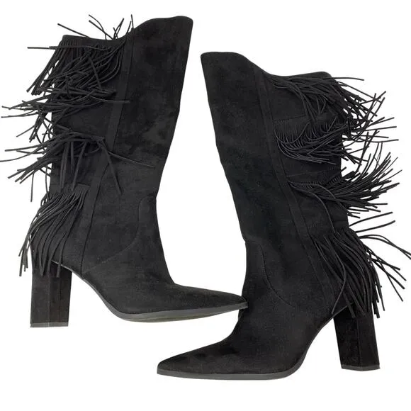 INC Yomesa Fringe Heeled Boots Womens Sz 10 Black Faux Suede Pointed Toe
