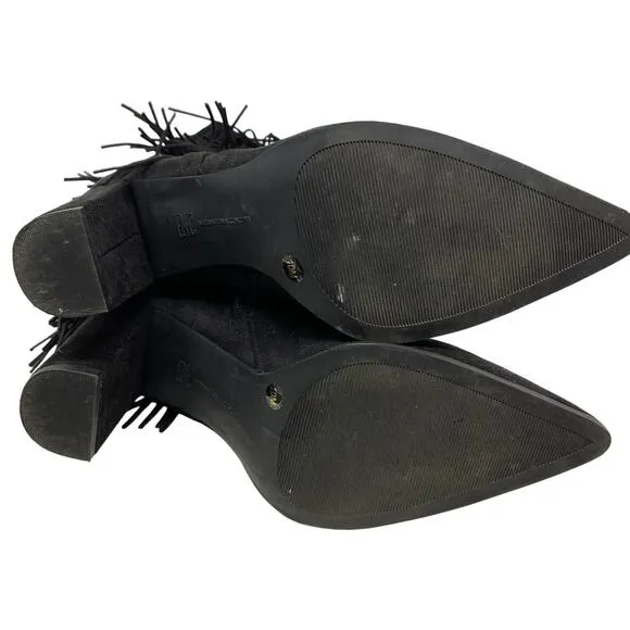 INC Yomesa Fringe Heeled Boots Womens Sz 10 Black Faux Suede Pointed Toe