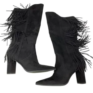 INC Yomesa Fringe Heeled Boots Womens Sz 10 Black Faux Suede Pointed Toe
