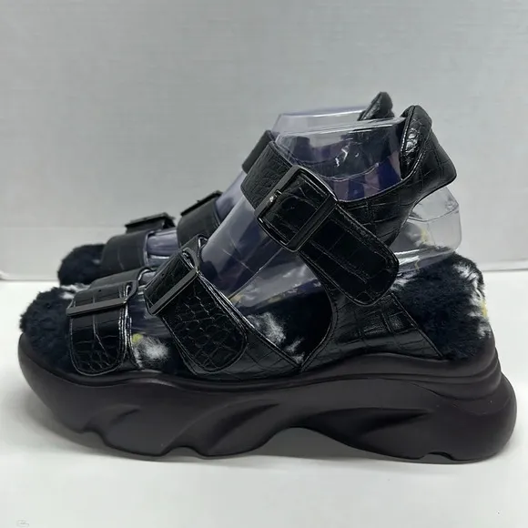 Irregular Choice Platform Sandal Shoes Open Toe Faux Snake Skin Fur Black 41 10