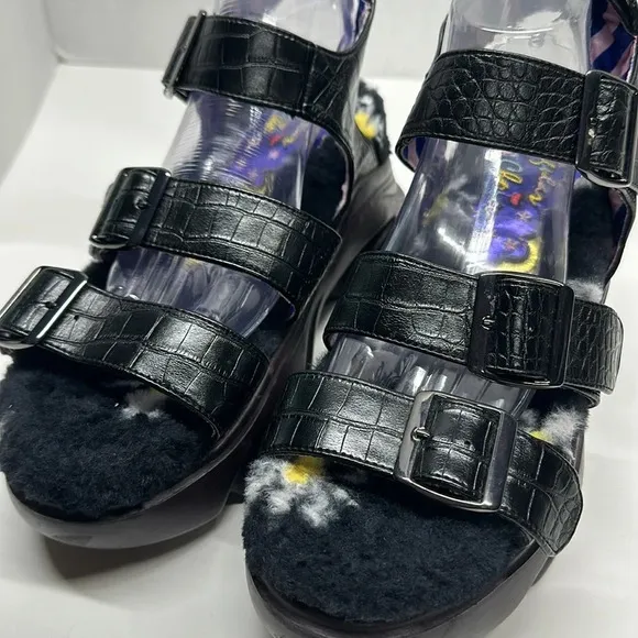 Irregular Choice Platform Sandal Shoes Open Toe Faux Snake Skin Fur Black 41 10