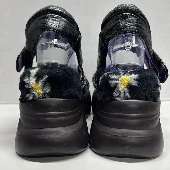 Irregular Choice Platform Sandal Shoes Open Toe Faux Snake Skin Fur Black 41 10