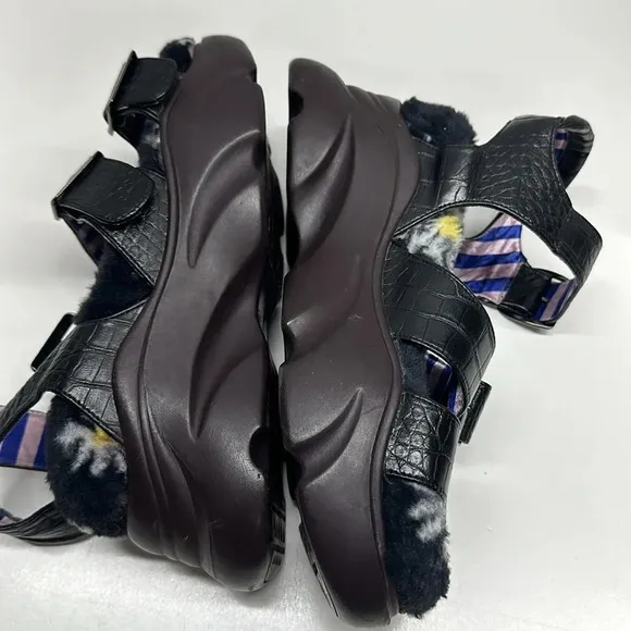 Irregular Choice Platform Sandal Shoes Open Toe Faux Snake Skin Fur Black 41 10