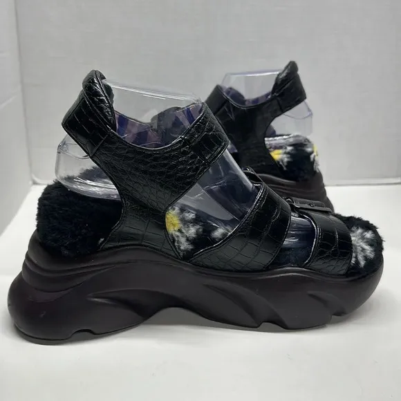 Irregular Choice Platform Sandal Shoes Open Toe Faux Snake Skin Fur Black 41 10