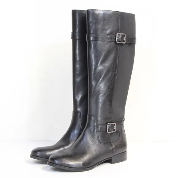 Isaac Mizrahi Live! Women's Black Gored Leather Riding Boots w/ Buckle