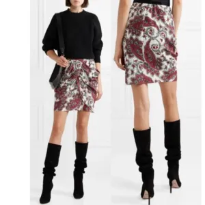 Isabel Marant Tilena White, Black &amp;‎ Red Paisley Print Gathered Mini Skirt Sz 40