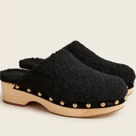 J. CREW 10 Fuzzy Sherpa Mule Clogs Wood Sole Studded Slip On Faux Shearling