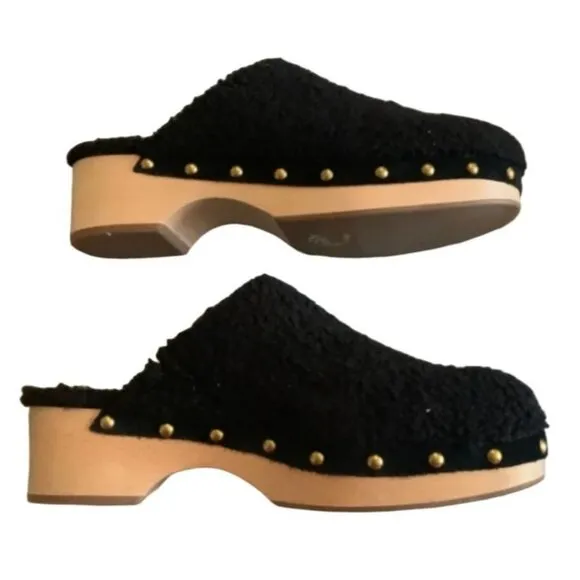 J. CREW 10 Fuzzy Sherpa Mule Clogs Wood Sole Studded Slip On Faux Shearling