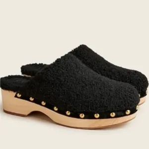 J. CREW 10 Fuzzy Sherpa Mule Clogs Wood Sole Studded Slip On Faux Shearling