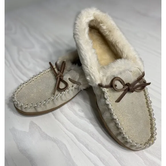 J Crew Lodge Shoes In Metallic Moccasins Slippers Women Size 8
