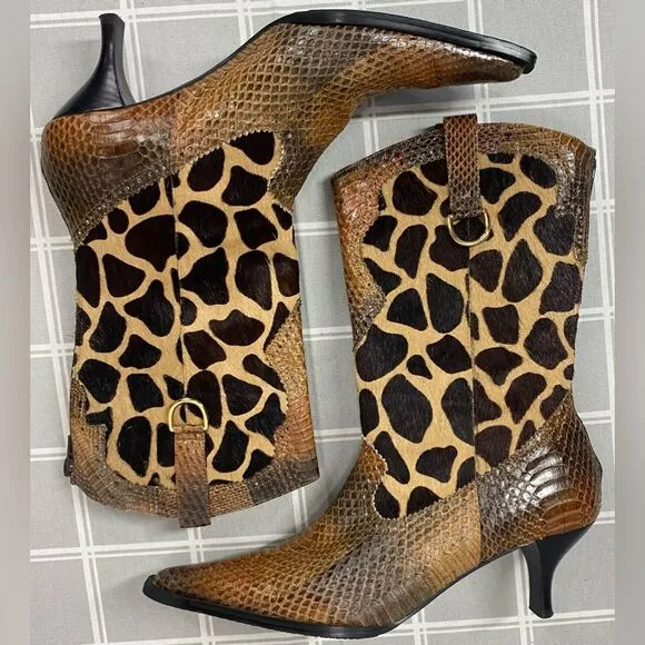 J Renee Womens Size 7.5 Lioness Boots Shoes Snakeskin Fur Giraffe Print Pattern
