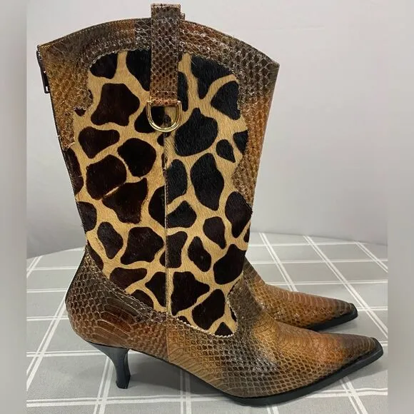 J Renee Womens Size 7.5 Lioness Boots Shoes Snakeskin Fur Giraffe Print Pattern