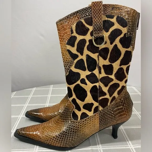J Renee Womens Size 7.5 Lioness Boots Shoes Snakeskin Fur Giraffe Print Pattern