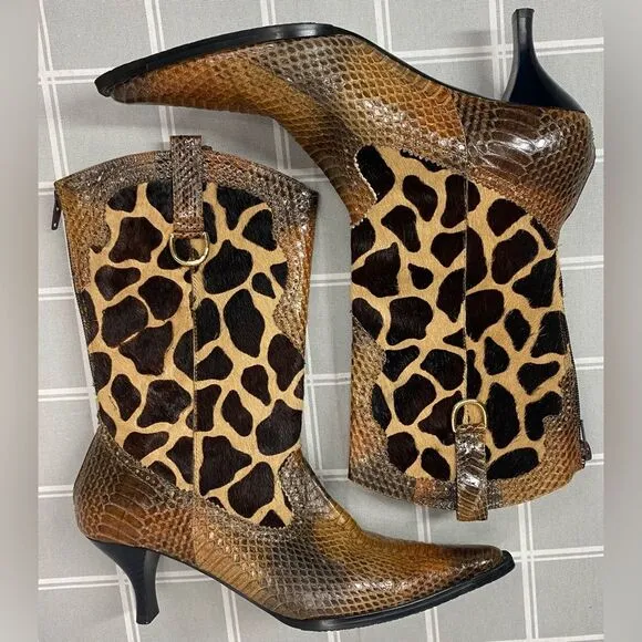 J Renee Womens Size 7.5 Lioness Boots Shoes Snakeskin Fur Giraffe Print Pattern