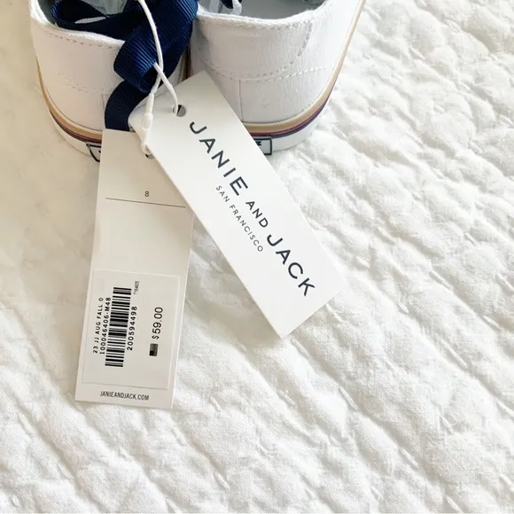 Janie and Jack NWT Toddler Shoes Size 8 White w/ Blue, Red &amp; Yellow Stripe
