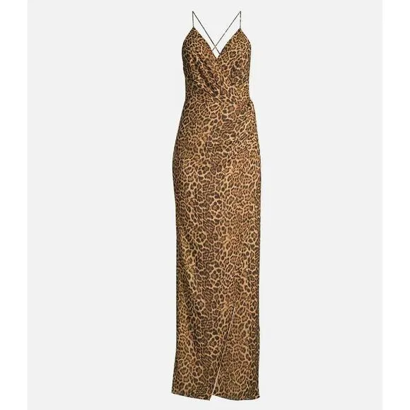 Jay Godfrey Santoro Leopard Animal Print High Slit Gown Dress Maxi Cross back