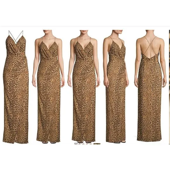 Jay Godfrey Santoro Leopard Animal Print High Slit Gown Dress Maxi Cross back