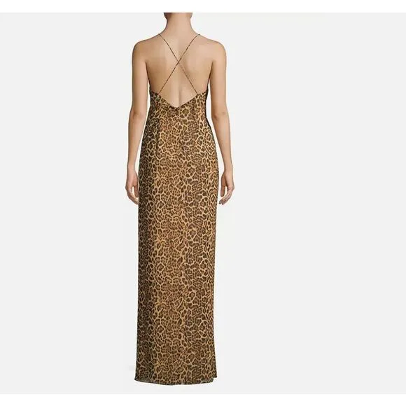 Jay Godfrey Santoro Leopard Animal Print High Slit Gown Dress Maxi Cross back