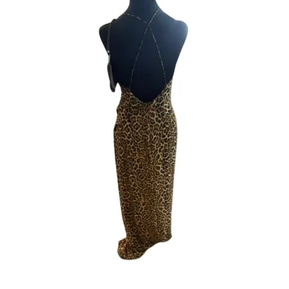 Jay Godfrey Santoro Leopard Animal Print High Slit Gown Dress Maxi Cross back