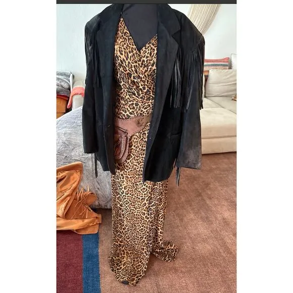 Jay Godfrey Santoro Leopard Animal Print High Slit Gown Dress Maxi Cross back