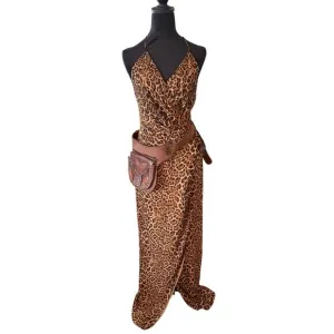 Jay Godfrey Santoro Leopard Animal Print High Slit Gown Dress Maxi Cross back