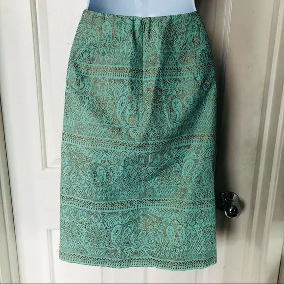 J.Crew Green &amp; Bronze Bohemian Print Skirt