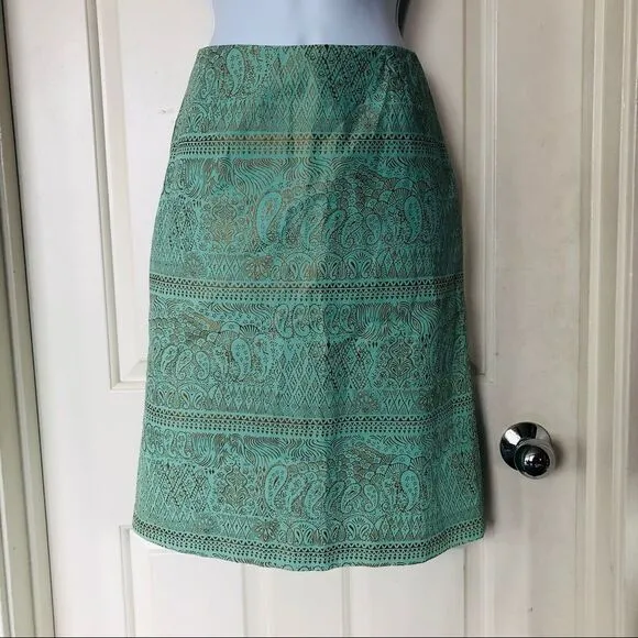 J.Crew Green &amp; Bronze Bohemian Print Skirt