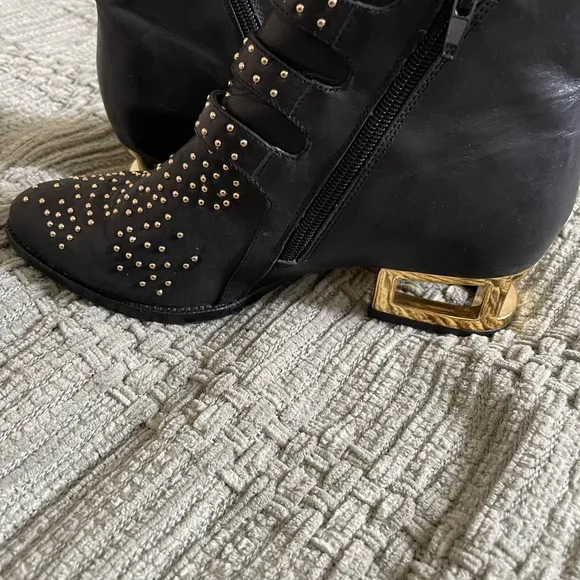 Jeffrey Campbell Black and Gold Ankle Boots with Studded Flair
