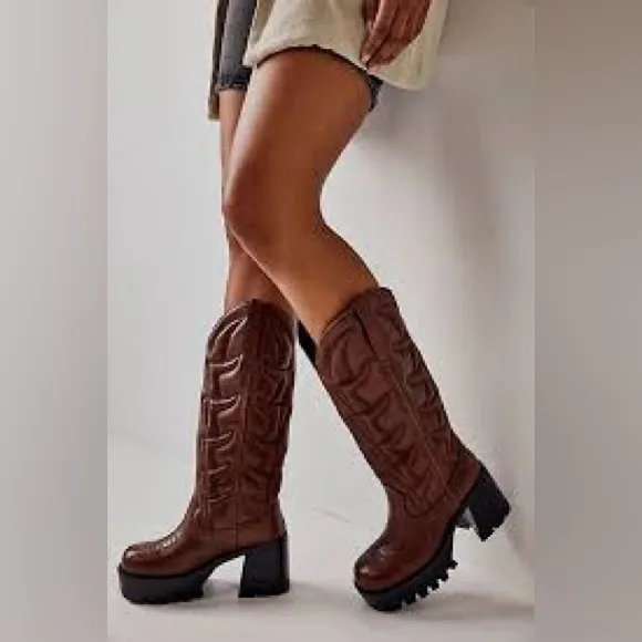 Jeffrey Campbell Brown Heeled Boots with Western Stitching Honky-Tonk