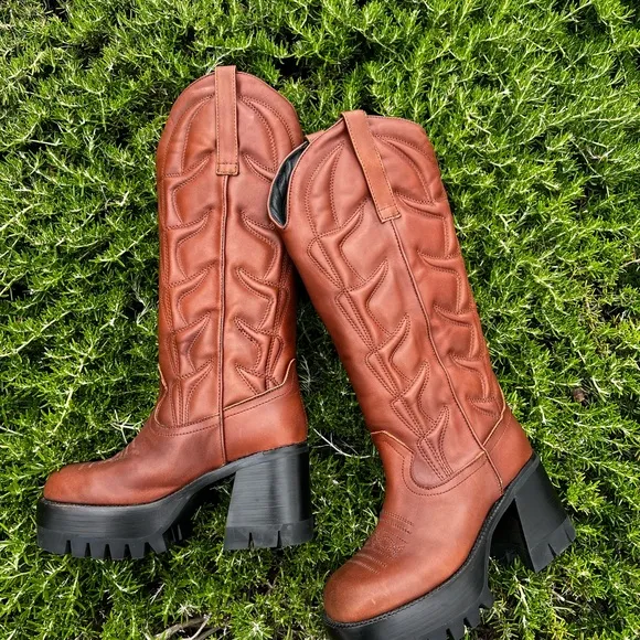 Jeffrey Campbell Brown Heeled Boots with Western Stitching Honky-Tonk