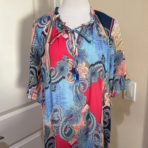 Johnny Was Cordelia Easy Midi Multi Colored Tassle Tie Lightweight Dress Medium