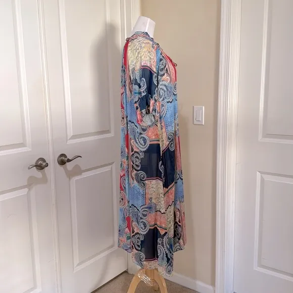 Johnny Was Cordelia Easy Midi Multi Colored Tassle Tie Lightweight Dress Medium
