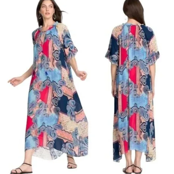 Johnny Was Cordelia Easy Midi Multi Colored Tassle Tie Lightweight Dress Medium