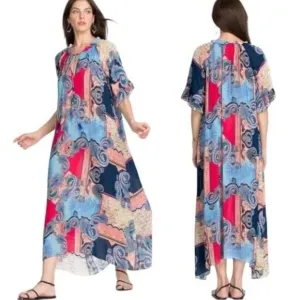 Johnny Was Cordelia Easy Midi Multi Colored Tassle Tie Lightweight Dress Medium