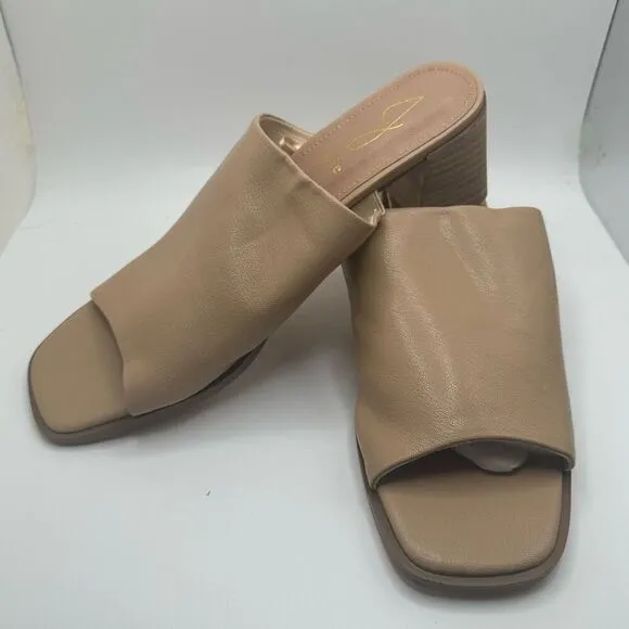 JOIE Olympia Sandals Mules Faux Leather Shoes Block Heels Womens 9 NUDE NEW