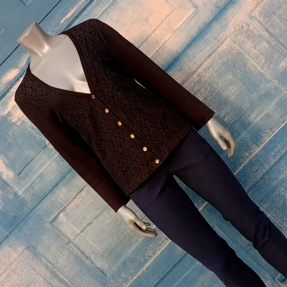 JONES NY SIGNATURE PURE COTTON BLACK FLORAL CARDIGAN SWEATER