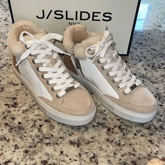 J/Slides Leslie Sheep Hair Trimmed Leather Sneaker Shoes Size 6 Tan White