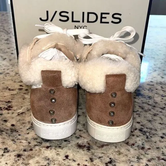 J/Slides Leslie Sheep Hair Trimmed Leather Sneaker Shoes Size 6 Tan White