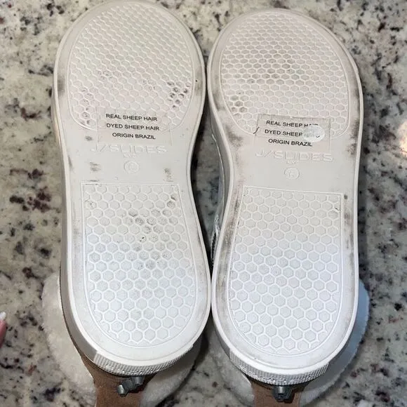 J/Slides Leslie Sheep Hair Trimmed Leather Sneaker Shoes Size 6 Tan White