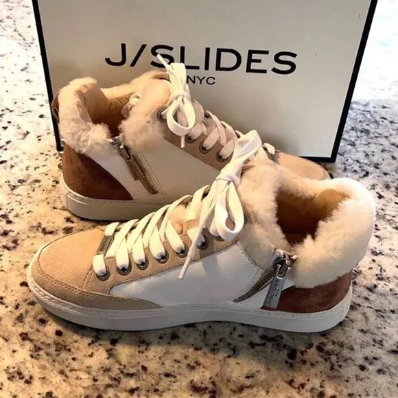 J/Slides Leslie Sheep Hair Trimmed Leather Sneaker Shoes Size 6 Tan White