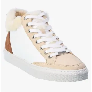 J/Slides Leslie Sheep Hair Trimmed Leather Sneaker Shoes Size 6 Tan White