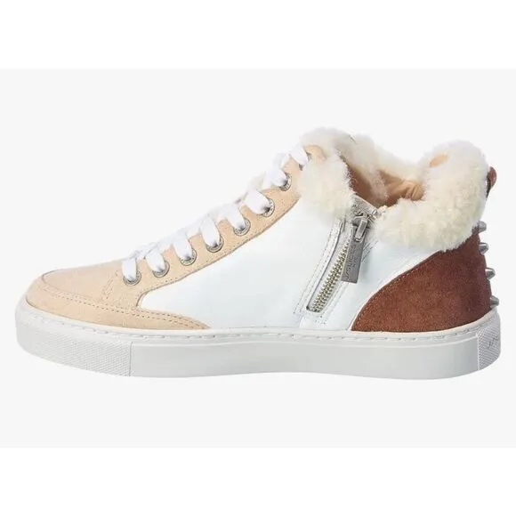 J/Slides Leslie Sheep Hair Trimmed Leather Sneaker Shoes Size 6 Tan White