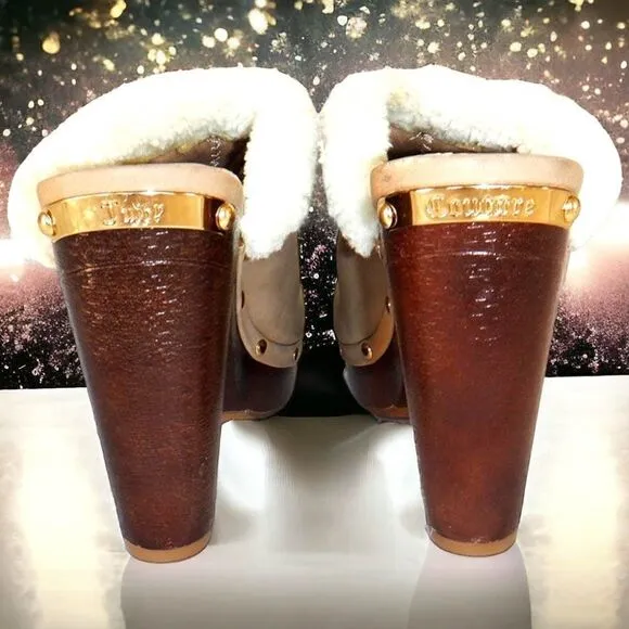 Juicy Couture tan suede leather white fur mule