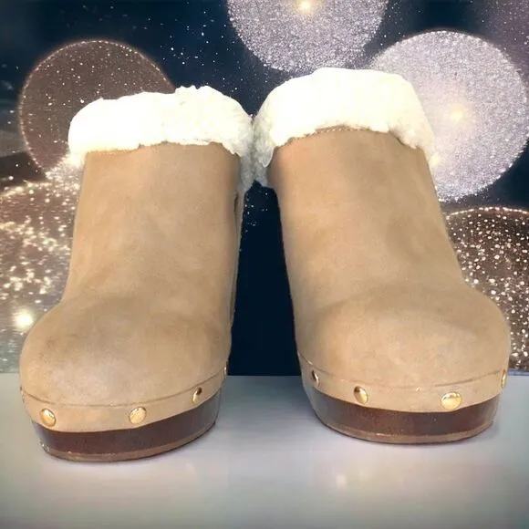 Juicy Couture tan suede leather white fur mule