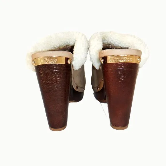 Juicy Couture tan suede leather white fur mule